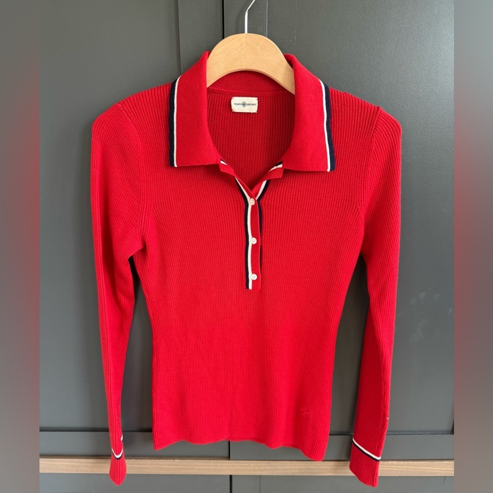 Tory Burch Red 100% Merino Half Button Down Polo Shirt • S
